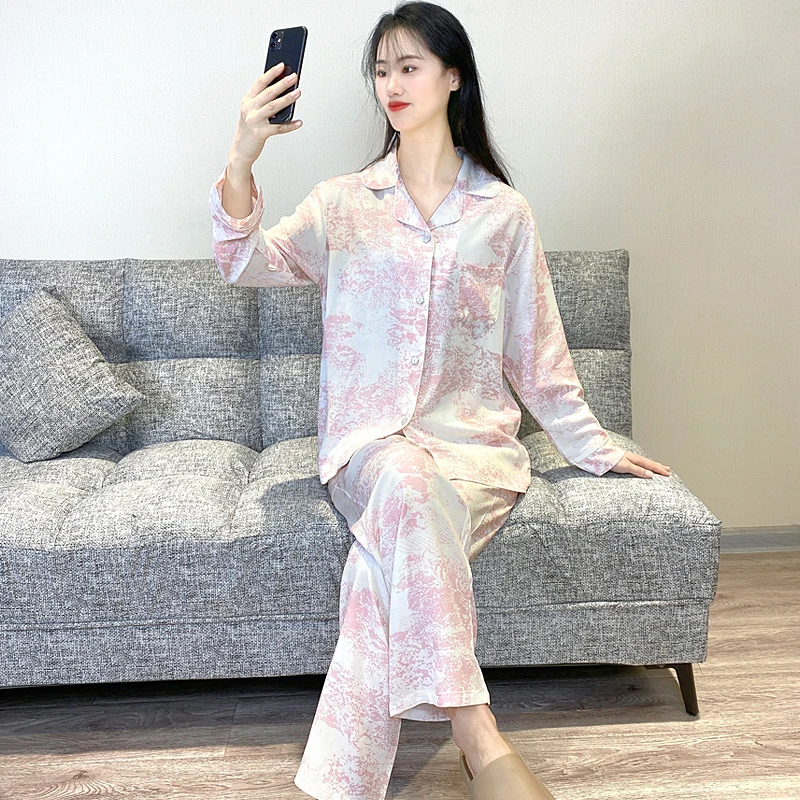 新款棉绸睡衣女春秋季V领开衫空调服可外穿家居服套装Y156