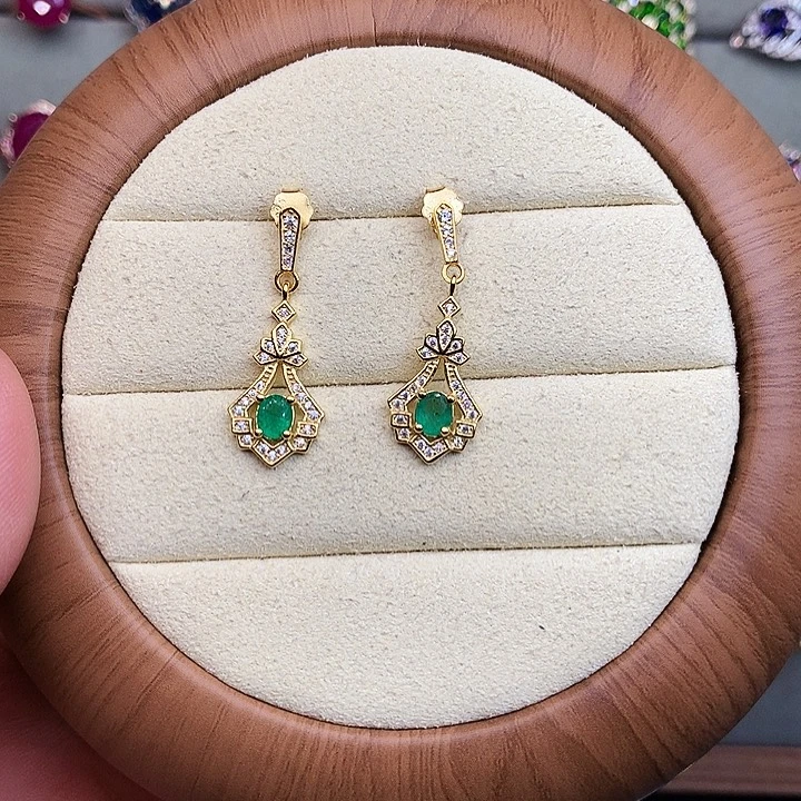 祖母绿耳饰银S925镶嵌