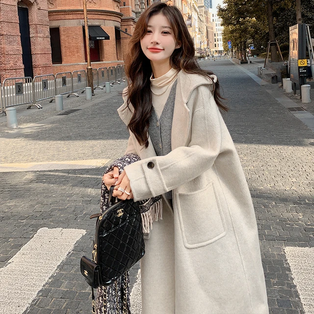 今年流行高级感羊绒毛呢外套女2025秋冬新款连帽显瘦双面呢子大衣