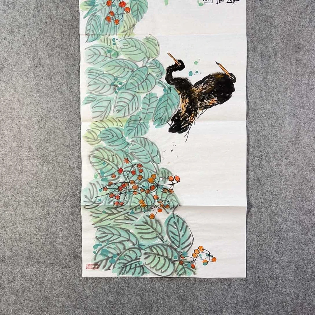 国画473 花鸟在树丛的顶端鸣叫叫声响