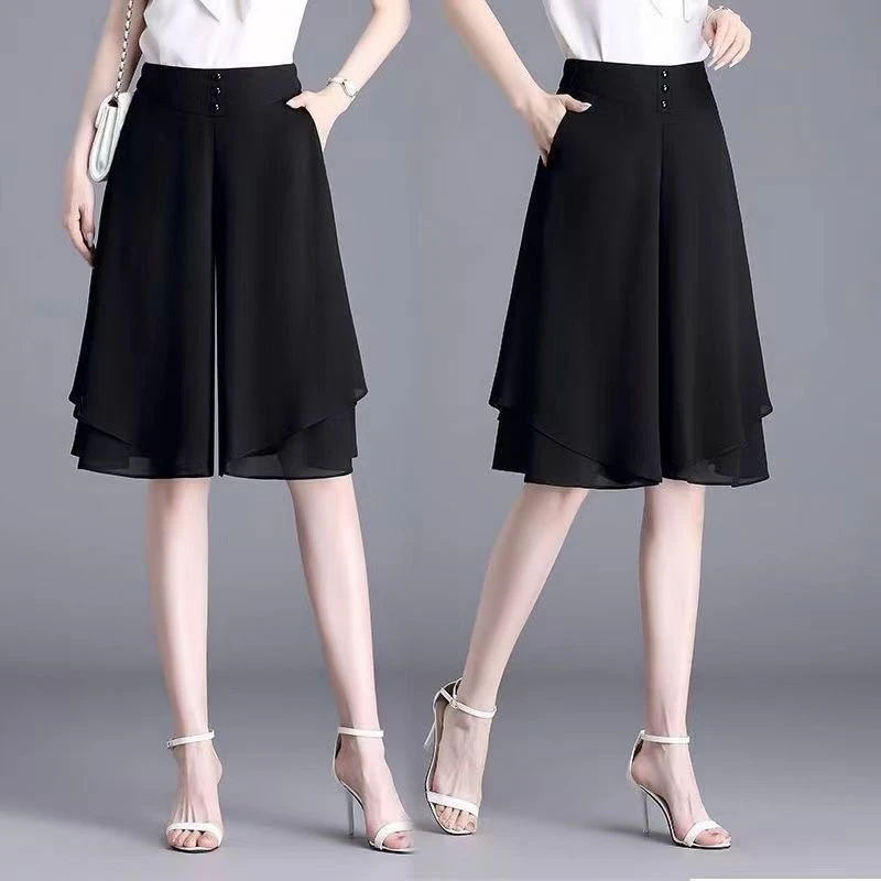 中年妈妈装雪纺阔腿裤女2025夏季新款高腰宽松垂感五分裤薄款短裤