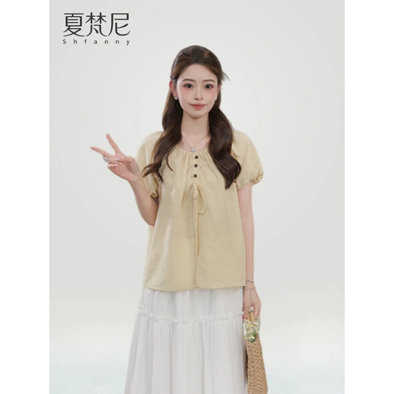 夏梵尼蝉鸣悠悠2025夏季新款法式复古V领抽绳设计感小衫上衣