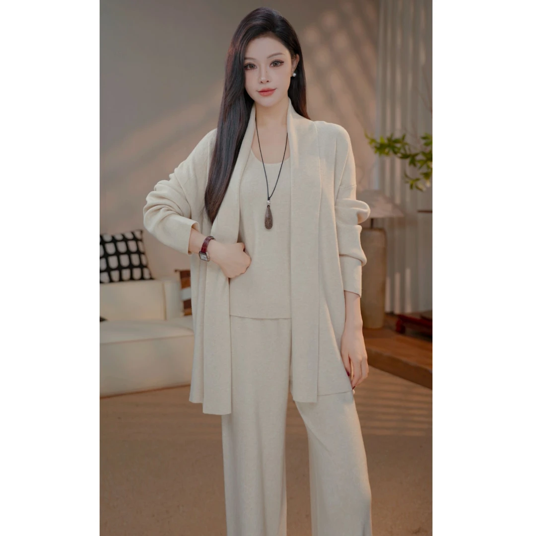 詹六六秋季纯色”羊毛“桑蚕丝“长袖直筒裤针织衫休闲套装女A21166