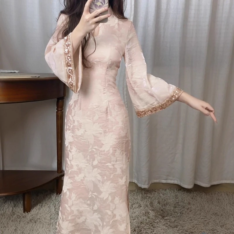 新中式提花改良旗袍2025早秋旗袍领镂空连衣裙秋装女长款