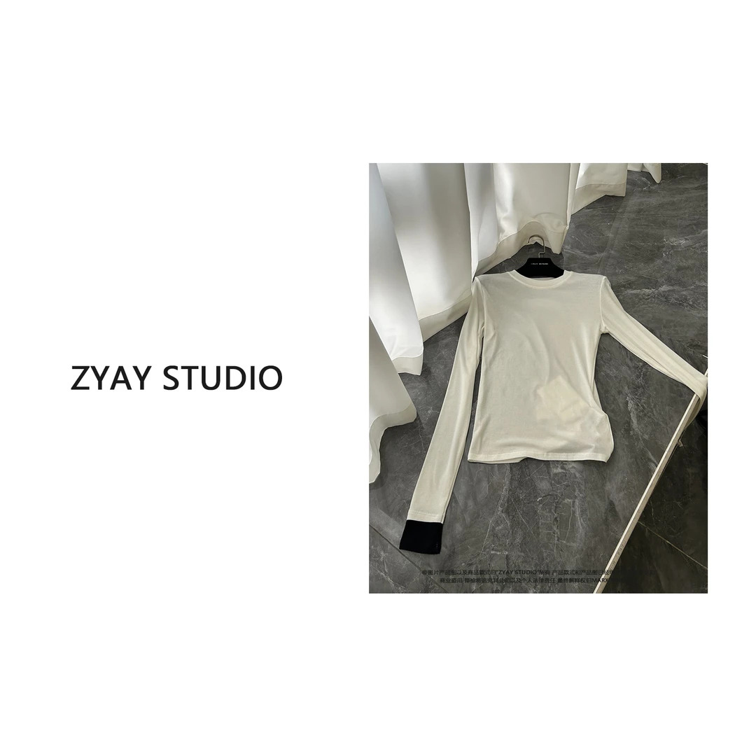 【ZYAY STUDIO】 南油高品质早春新款烫钻字母拼接长袖T恤女