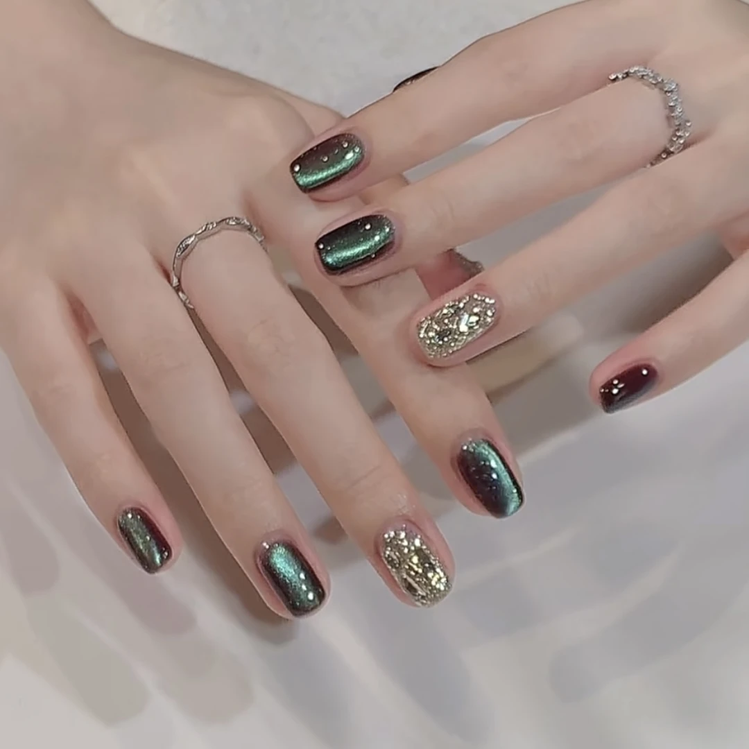 秋夜星海】秋冬新款猫眼绿穿戴甲简约短甲气质显白纯手工穿戴甲