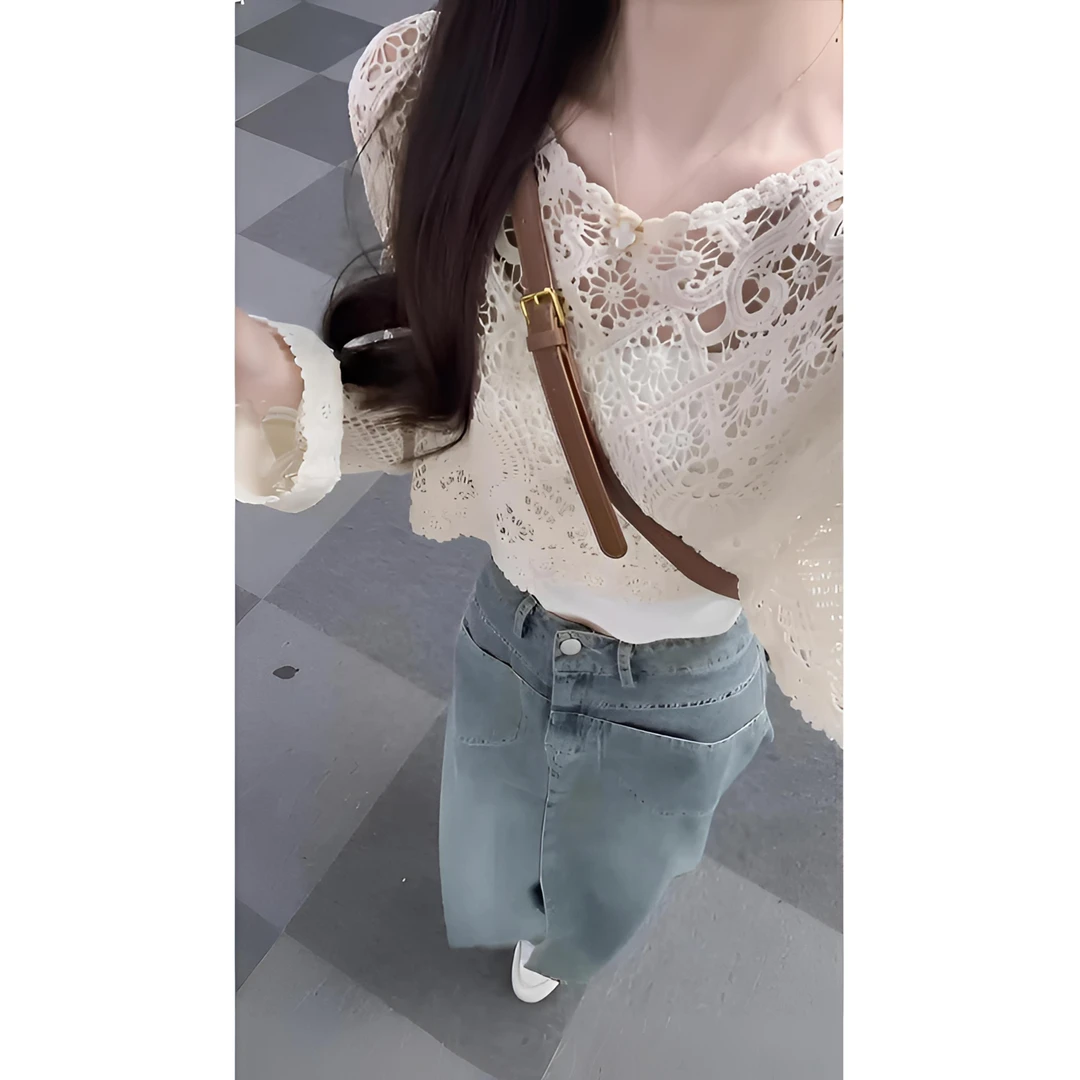 美式浅蓝色前开叉蕾丝牛仔半身裙女秋季高腰显瘦设计感中长款裙子