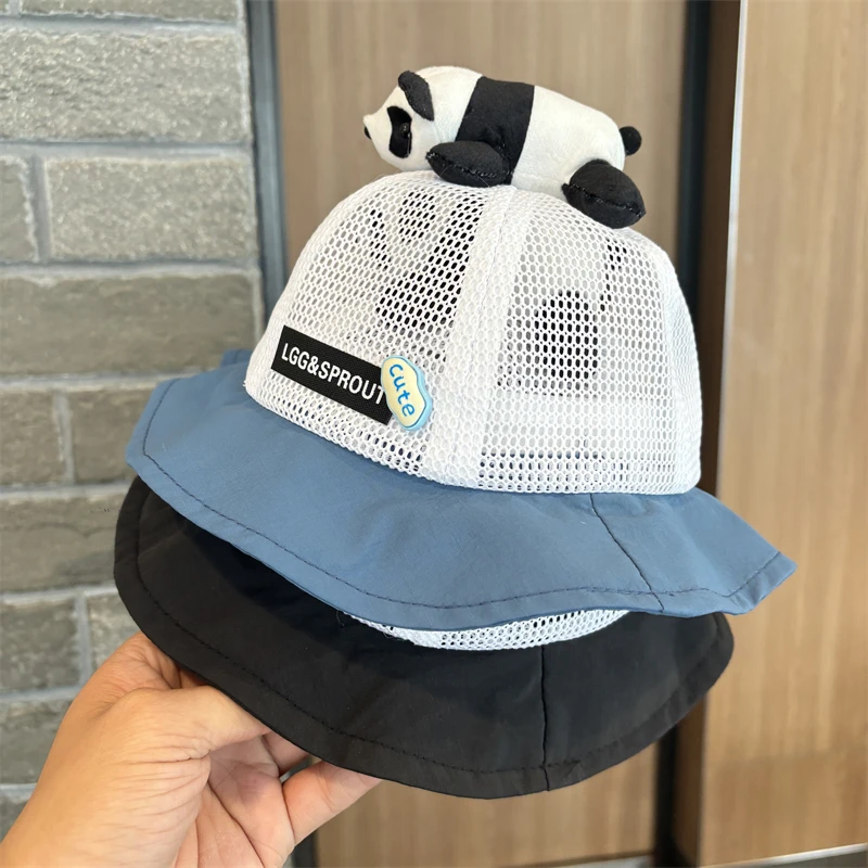 夏季透气网眼熊猫宝宝渔夫帽婴幼儿男女童户外遮阳防晒帽