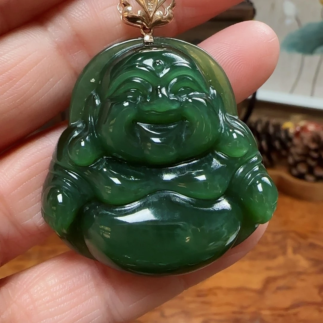 和田玉（碧玉）吊坠(赠链)18K金镶嵌