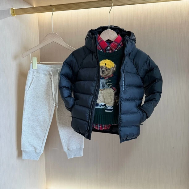 儿童男童女童休闲连帽黑色棉服 防风保暖