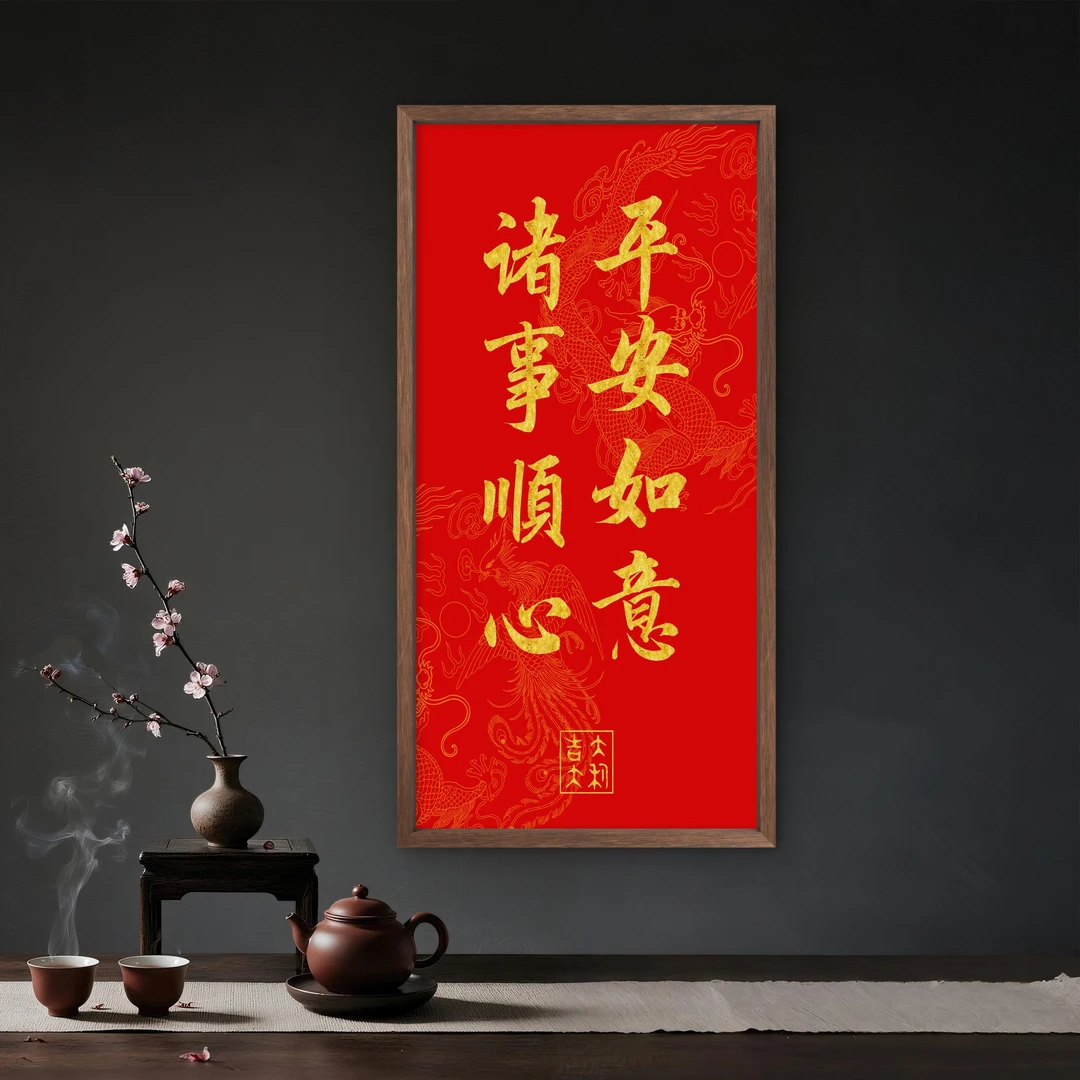 9703-35*68平安如意中式装饰画木框玄关书房茶室客厅挂画
