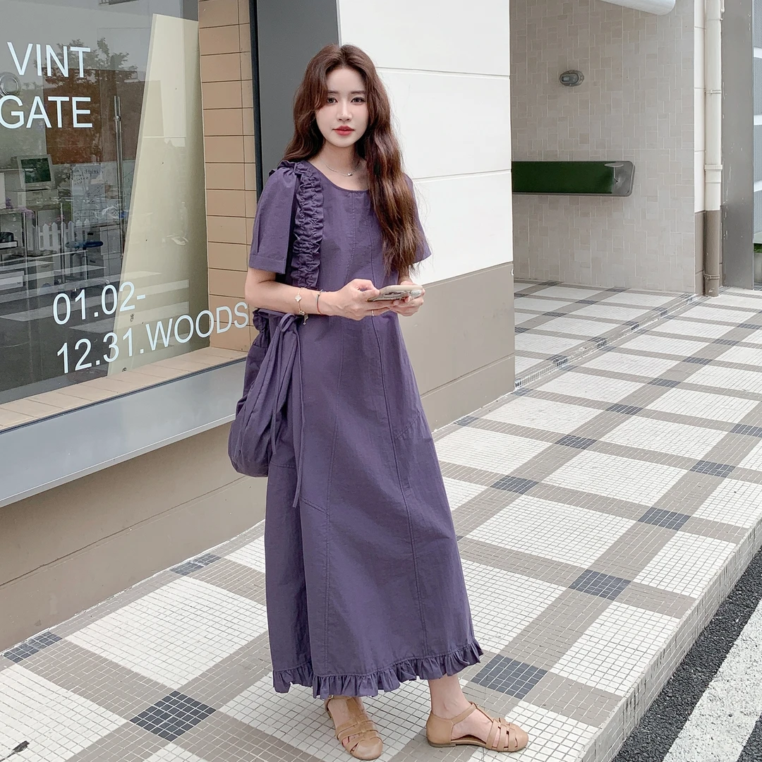 设计感小众紫色短袖连衣裙女2025夏季复古日系褶皱裙摆显瘦长裙潮