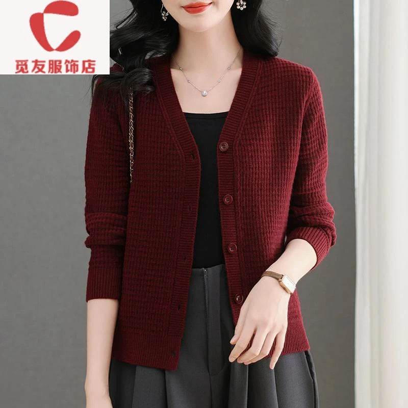 觅友服饰羊毛衫女2025春秋新款安哥拉红色针织开衫妈妈短款毛衣外