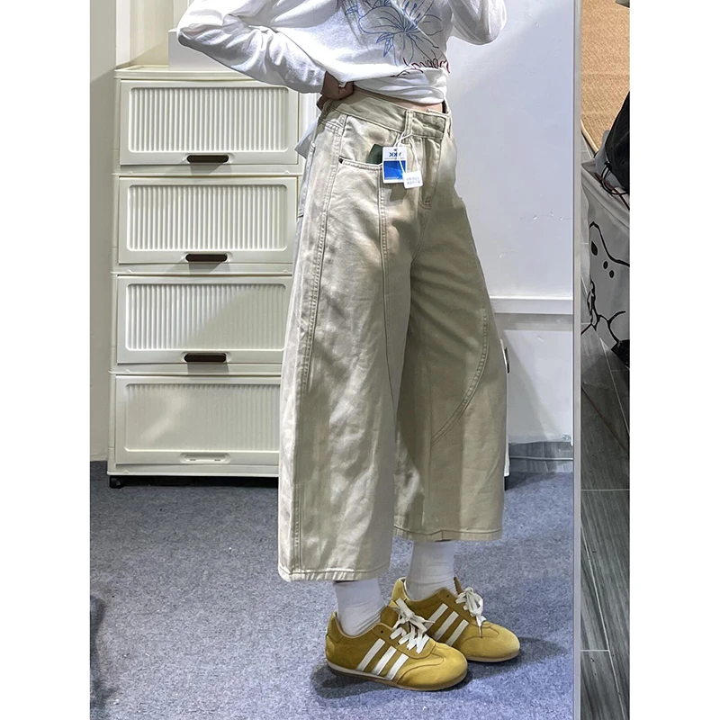 微胖mm卡其色七分裤女夏季新款美式复古宽松百搭休闲阔腿牛仔中裤