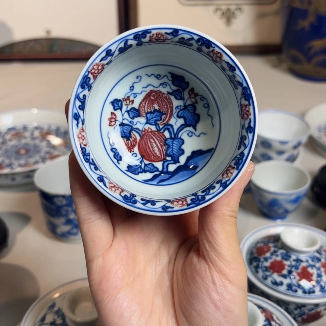 青花釉里红 西瓜单杯 发色完美