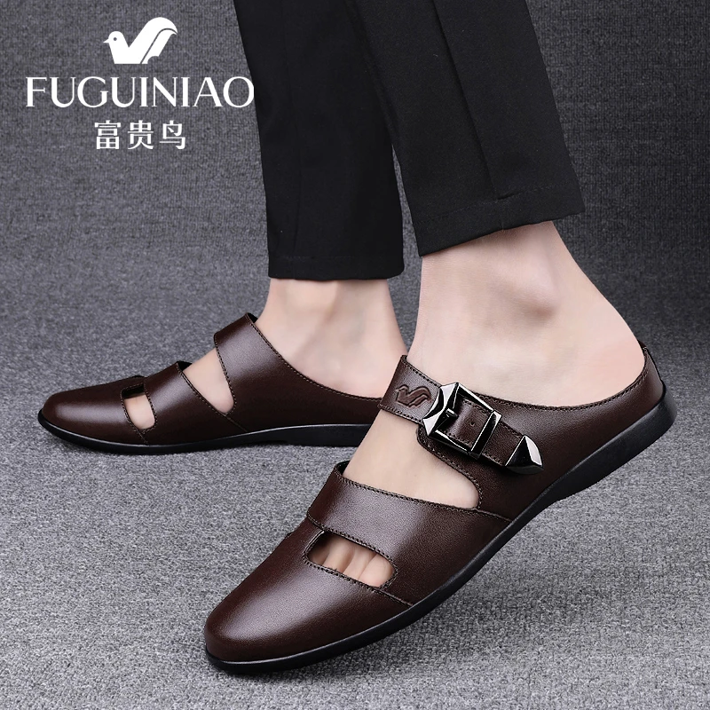 富贵鸟正品夏季男款透气半托鞋软底软面百搭潮流一脚蹬镂空凉鞋男