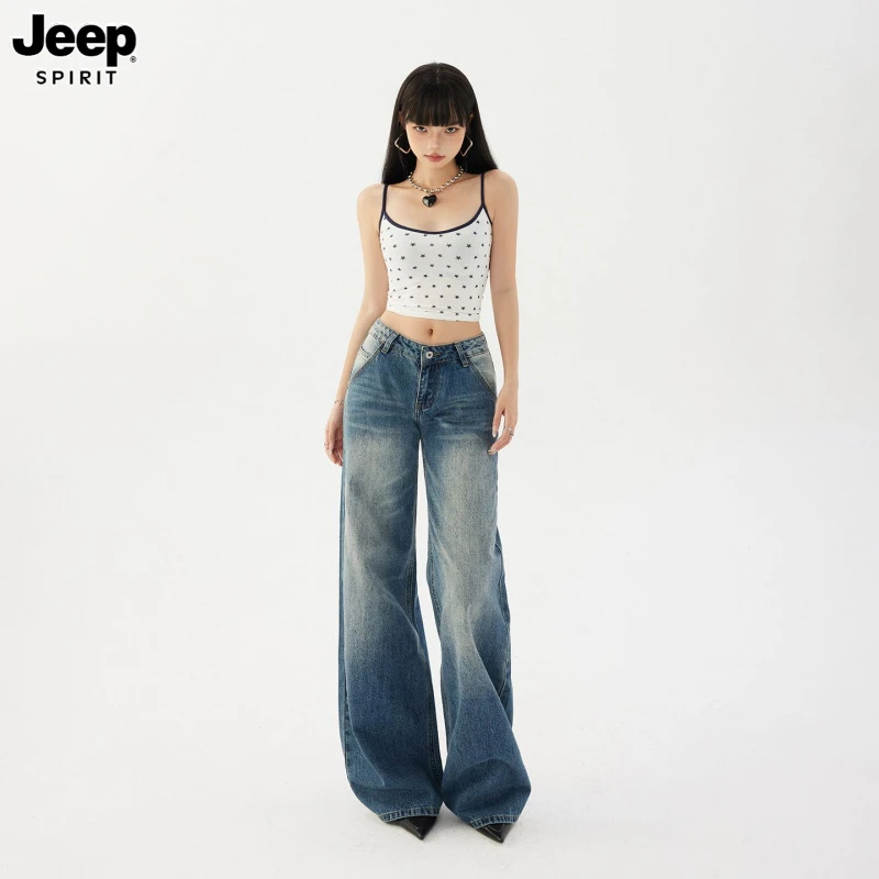 Jeep吉普美式复古低腰牛仔裤女2025新款扎染宽松喇叭裤阔腿裤