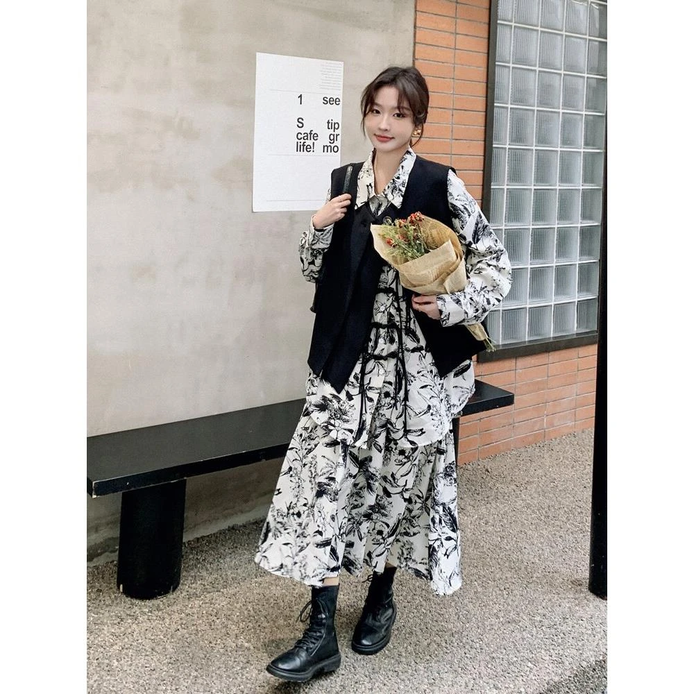 新中式水墨画碎花连衣裙女春秋新款国风套装裙三件套衬衫裙