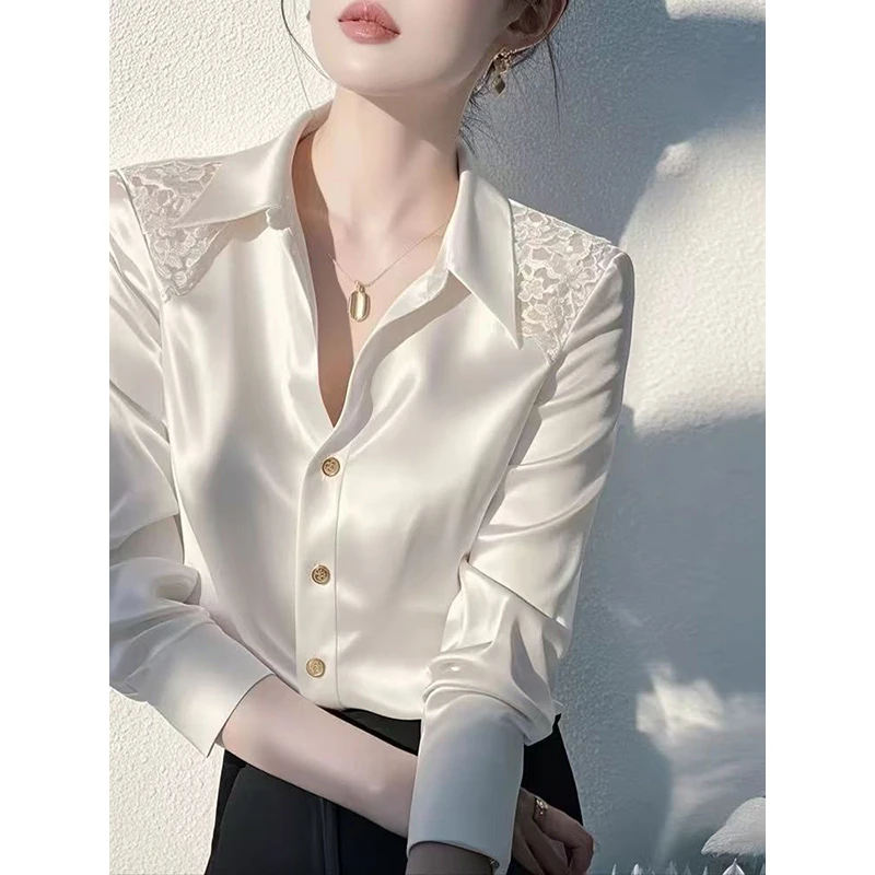 高级感白色蕾丝拼接长袖衬衫女正肩衬衣POLO领轻奢气质上衣春秋季