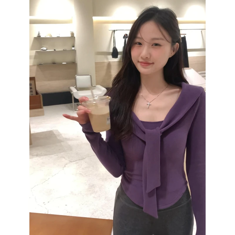 法式披肩设计感领带针织衫女秋冬纯欲风方领高级感打底衫上衣