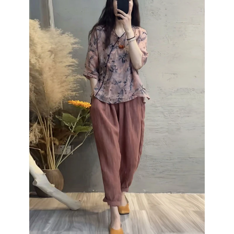 高档棉麻套装洋气女2024新款清新印花领上衣遮肚哈伦裤显瘦两件套