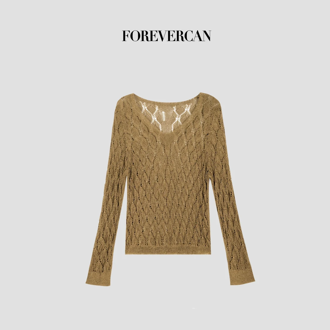 FOREVERCAN“落日长滩”高捻纳米丝镂空菱形进口机织针织上衣MY4604