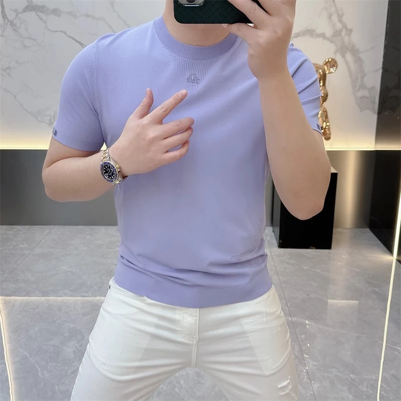 欧货轻奢高品质短袖T恤男针织冰丝时尚休闲百搭半袖印花上衣M303