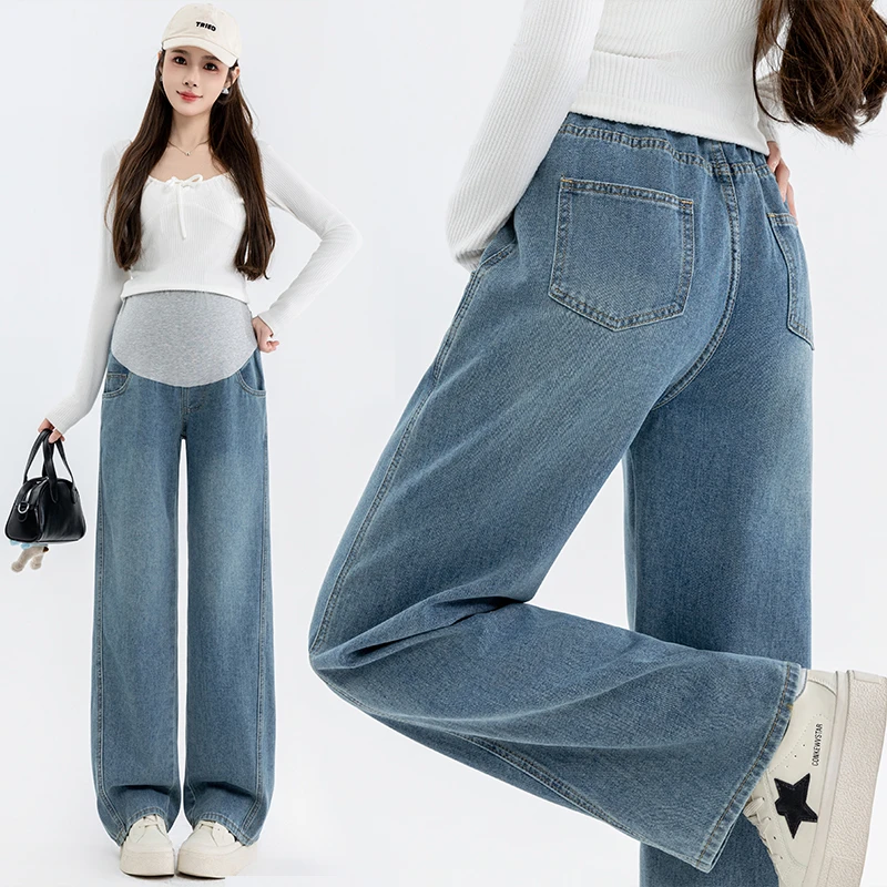 孕妇牛仔裤春季外穿时尚直筒裤阔腿裤牛仔裤弹力高腰显瘦孕妇裤