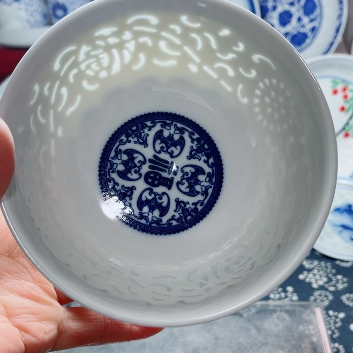 青花玲珑5寸饭碗满雕满福