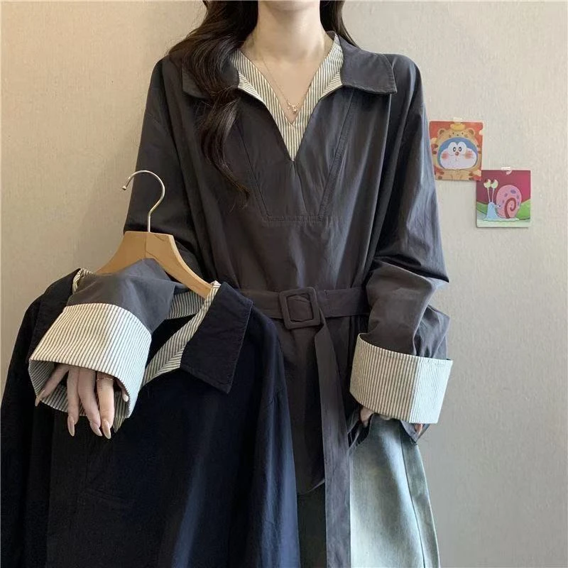 大码女装韩版遮肚子假两件正肩衬衫女春秋胖妹妹宽松显瘦独特上衣