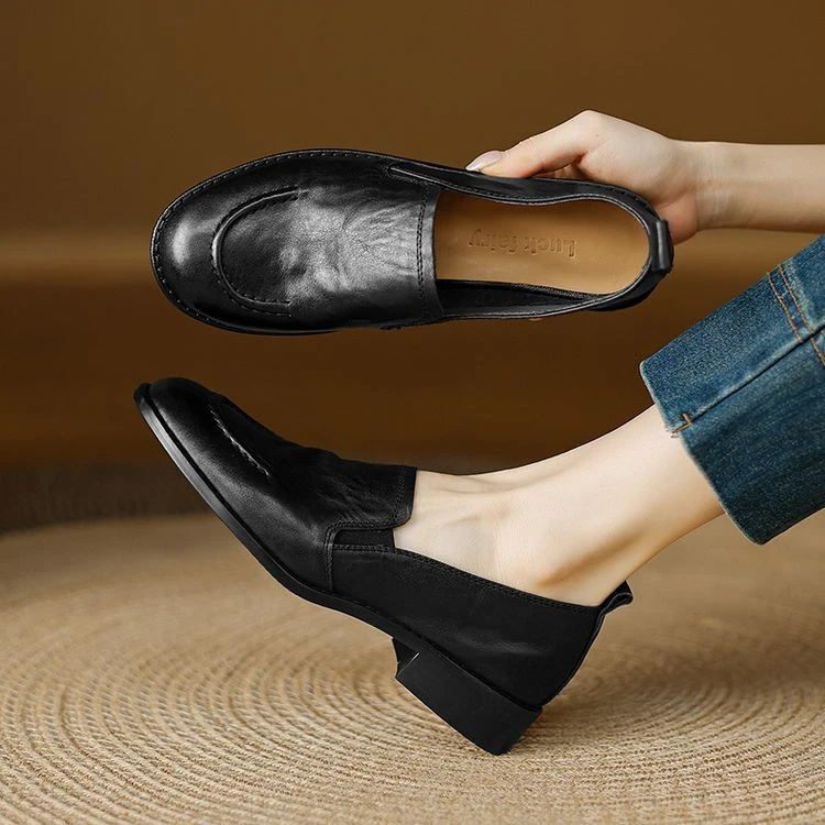 34-39码2025年春季复古风深口粗跟纯色单鞋皮鞋03英伦风黑色