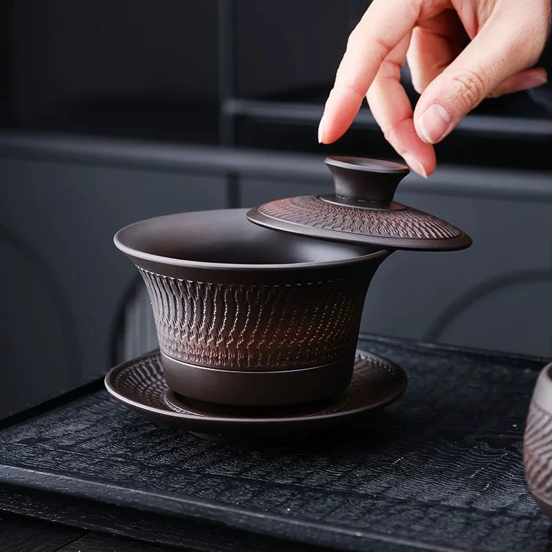 跳刀紫陶悬停三才盖碗紫砂手工跳刀大号家用单个泡茶碗功夫茶具