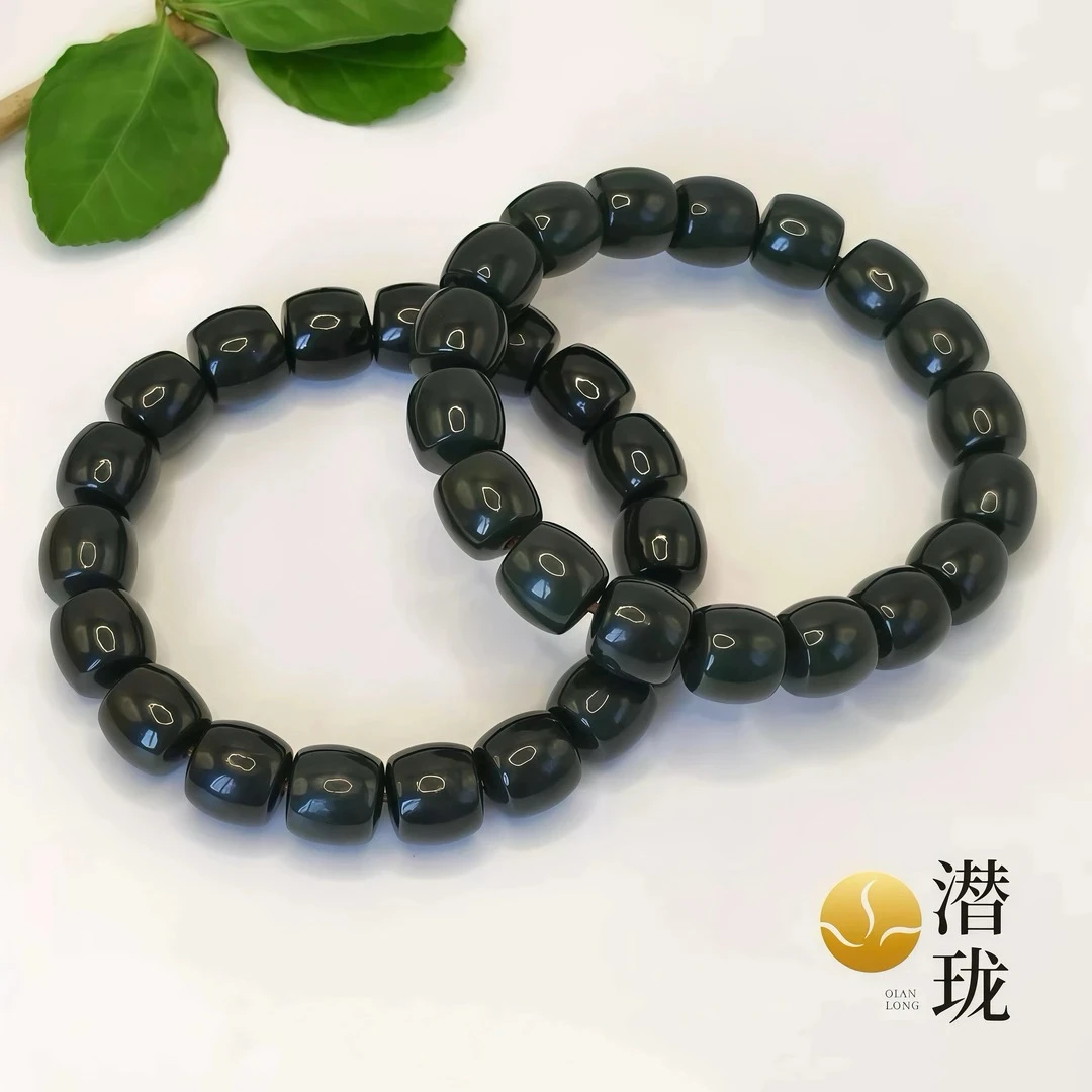 【潜珑】hj-20-002和田玉新疆料精品黑青卡12mm手串