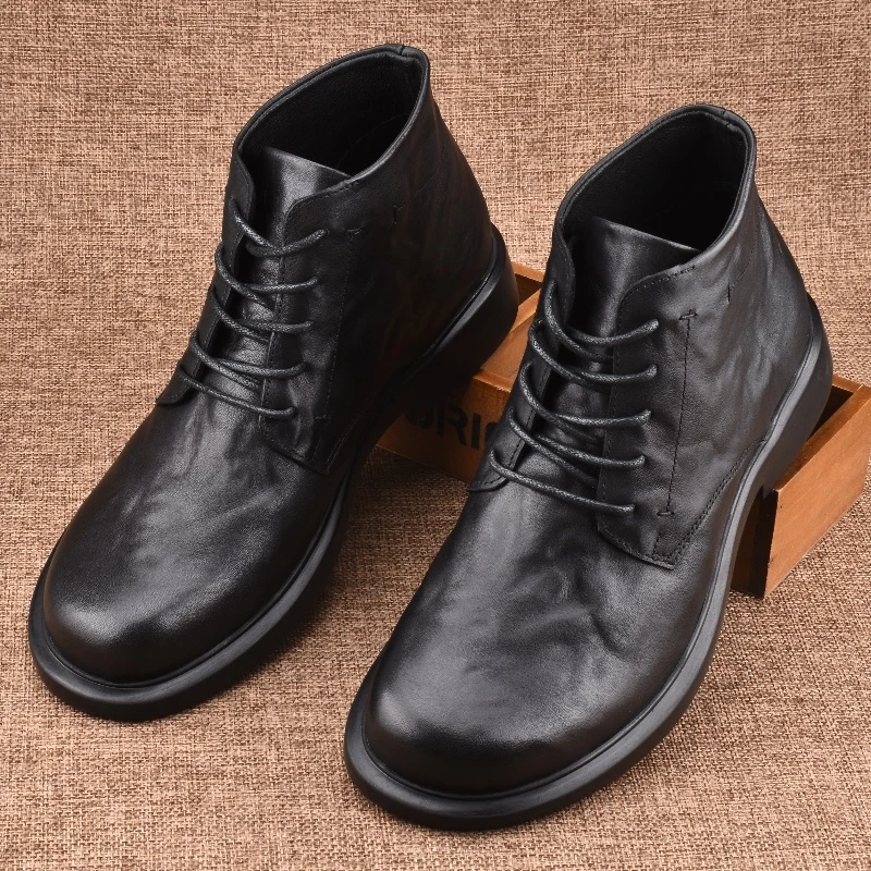 ICCLEK男鞋秋冬新款商务高帮皮鞋系带马丁靴厚底软皮休闲中帮鞋