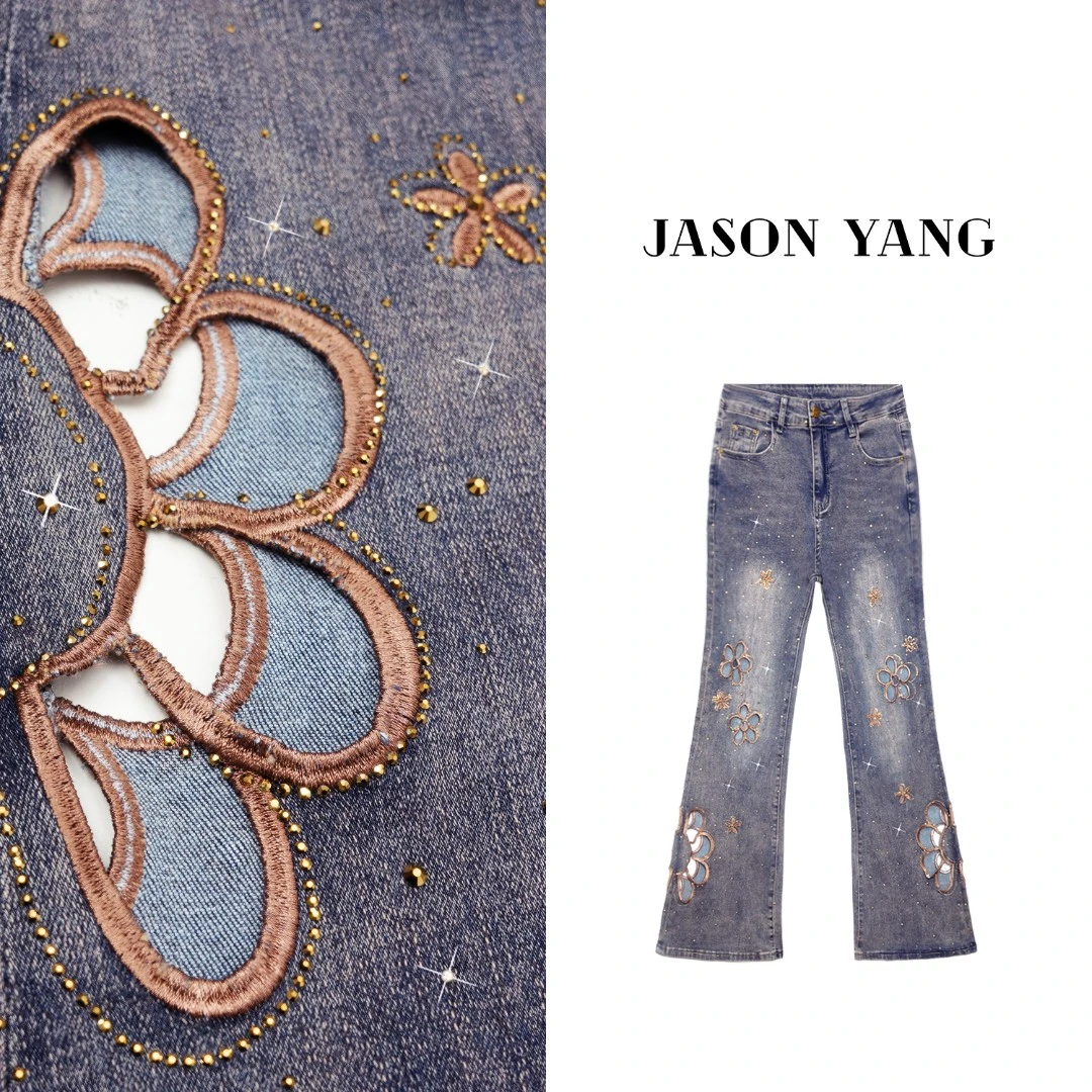丽丽家 （春韵花影）YFM8028镂空烫钻刺绣花朵百搭设计感微喇牛仔裤