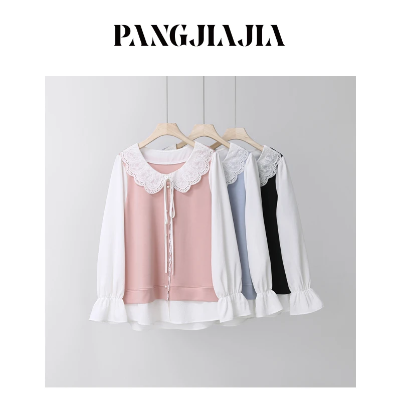 【胖佳佳】一件套头 假两件衬衫减龄娃娃领撞色衬衣H625C00535