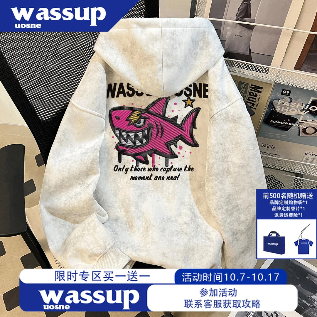WASSUP UOSNE美式复古廓形卫衣男秋季新款boxy潮酷连帽拉链上衣服