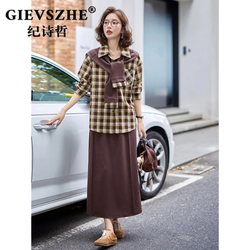 纪诗哲长袖衬衫套装女2025秋季新款减龄披肩格子显瘦半身裙三件套