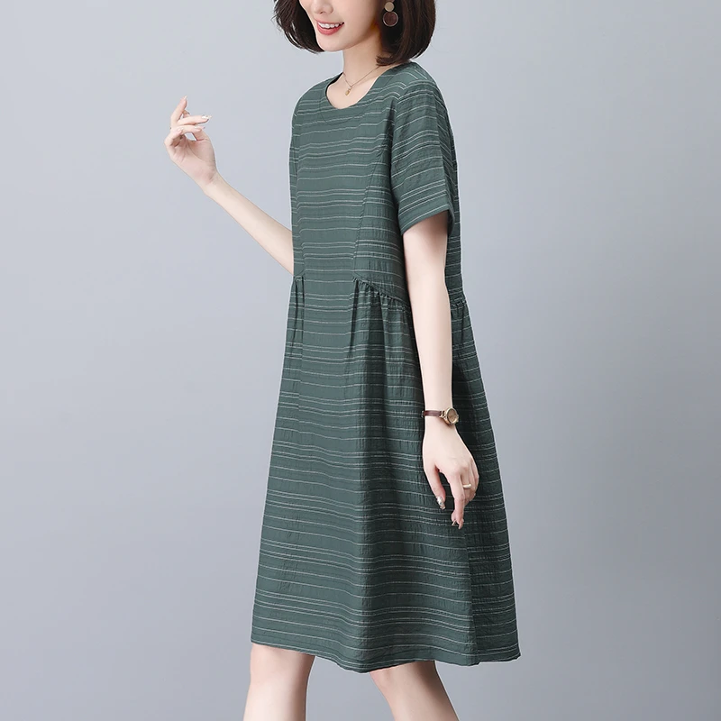 短袖圆领连衣裙女2025夏季新款休闲时尚条纹中年妈妈收腰显瘦裙子