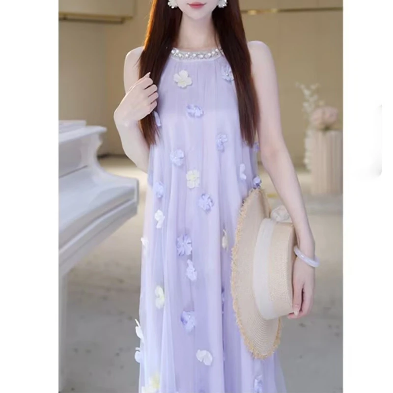 蓝花绮梦法式甜美挂脖吊带连衣裙女2025夏新款法式气质高腰中长裙