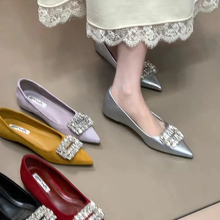 法式气质内增高尖头方扣通勤单鞋平底晚晚风飘鞋女鞋百搭浅口鞋
