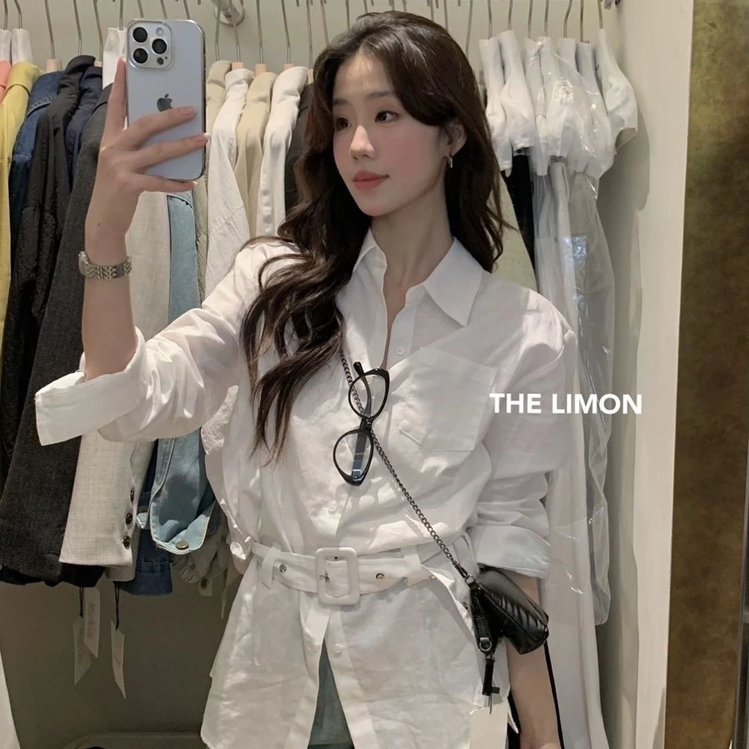 2025春季新款长袖衬衣慵懒韩系气质收腰显瘦设计感衬衫(配腰带)