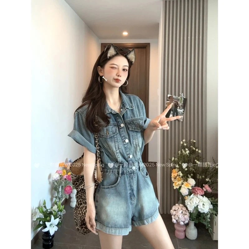 港风复古牛仔连体裤女2025年夏季新款美式辣妹设计感收腰高腰