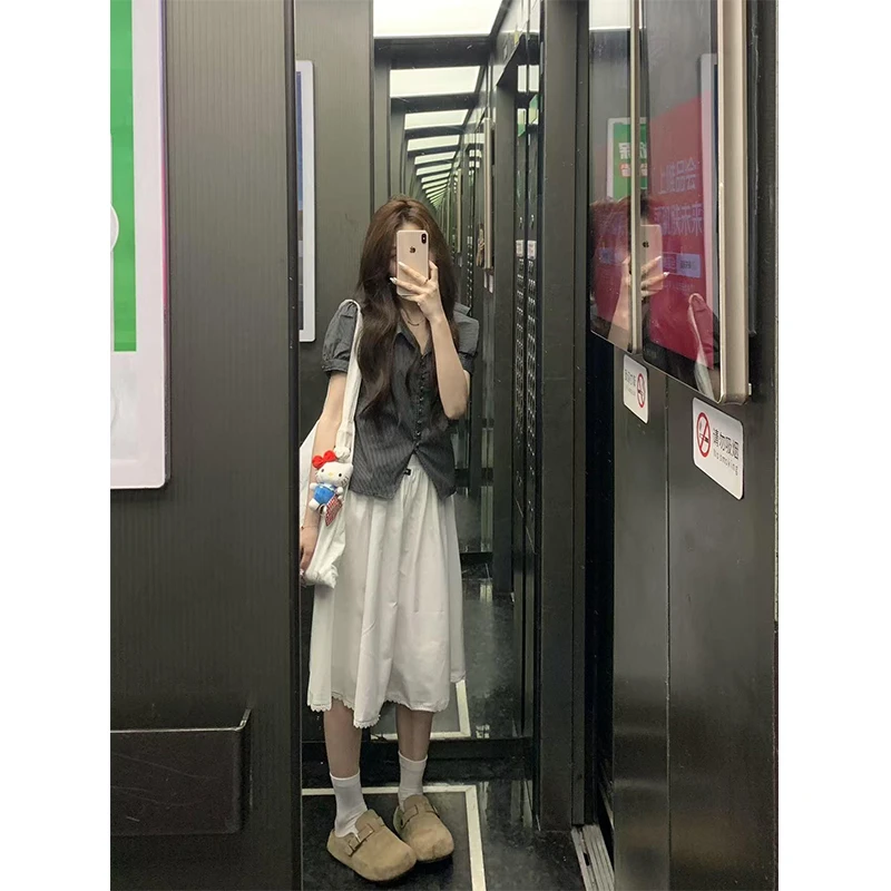 2025新款女夏季小众设计感泡泡袖黑白条纹翻领收腰衬衫上衣半身裙