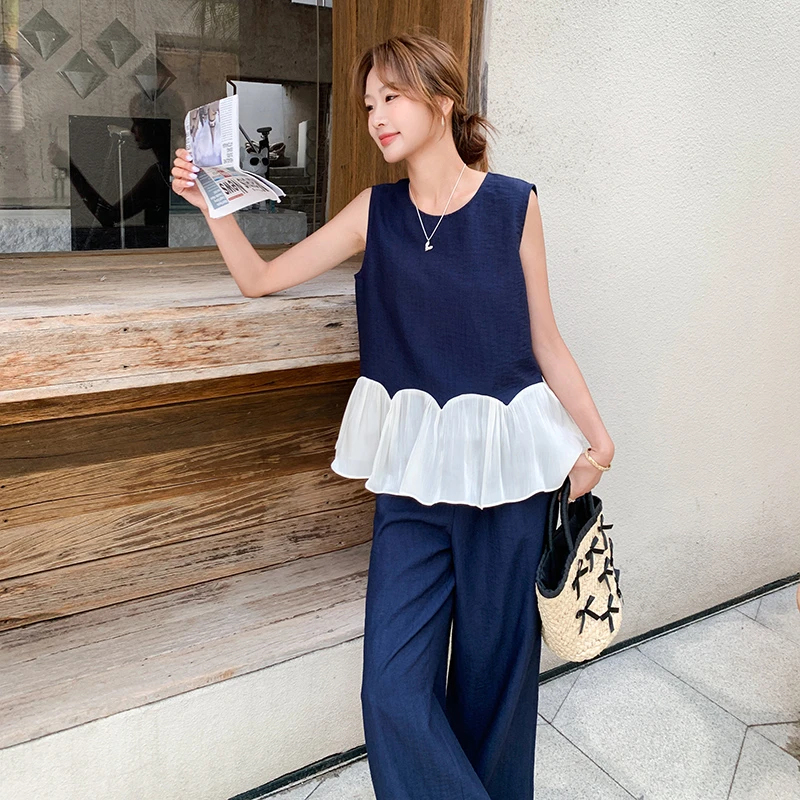 藏青色韩系巨好看的背心套装女夏季2025新款无袖上衣阔腿裤两件套
