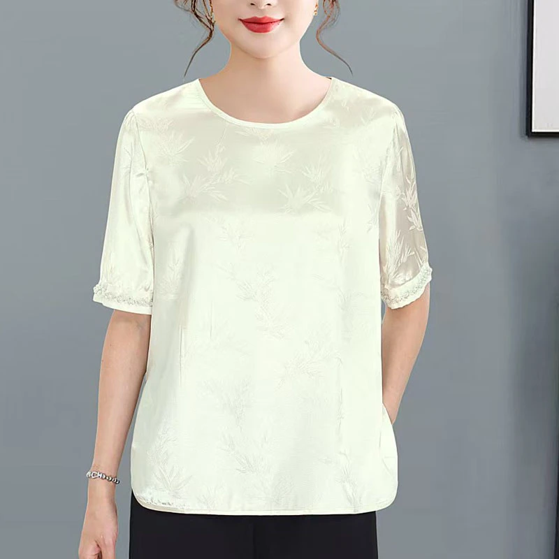 新中式国风刺绣短袖小衫女新款夏季提花中国风宽松复古圆领上衣