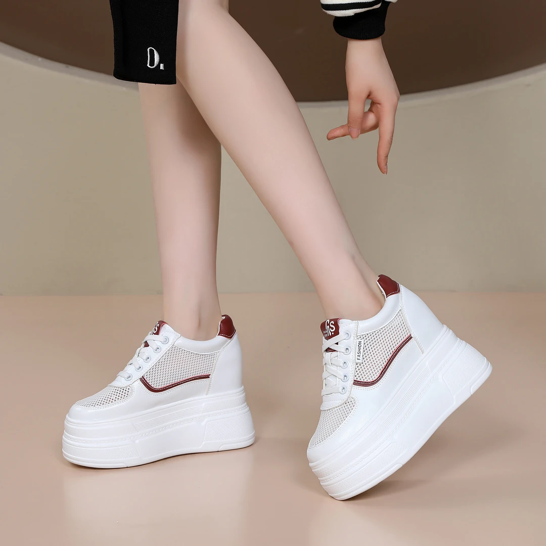 超高跟10-12cm松糕厚底鞋小白鞋夏季网面透气百搭内增高休闲女鞋