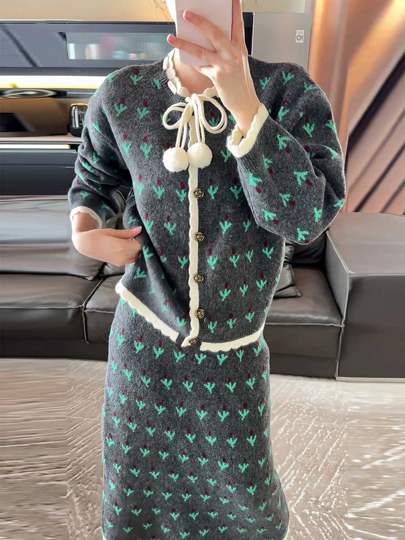 韩版复古慵懒风套装女系带针织毛衣秋冬流行穿搭新款高级半身裙潮