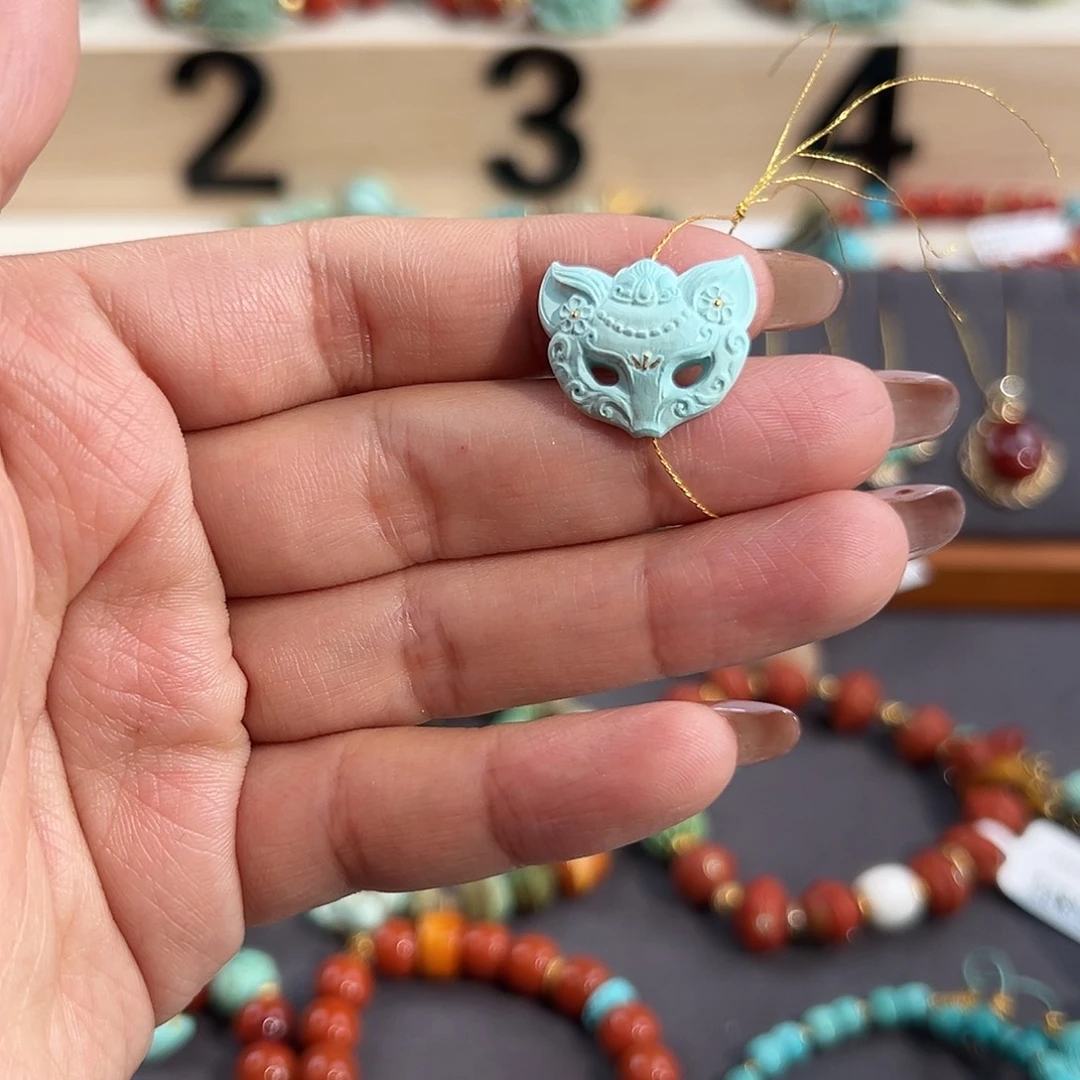 绿松石18K金镶嵌把件狐狸面具配饰