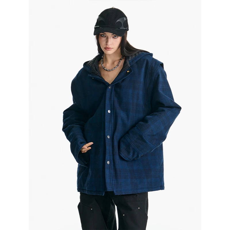 美式复古棉服宽松格子棉衣格纹休闲外套翻领女保暖
